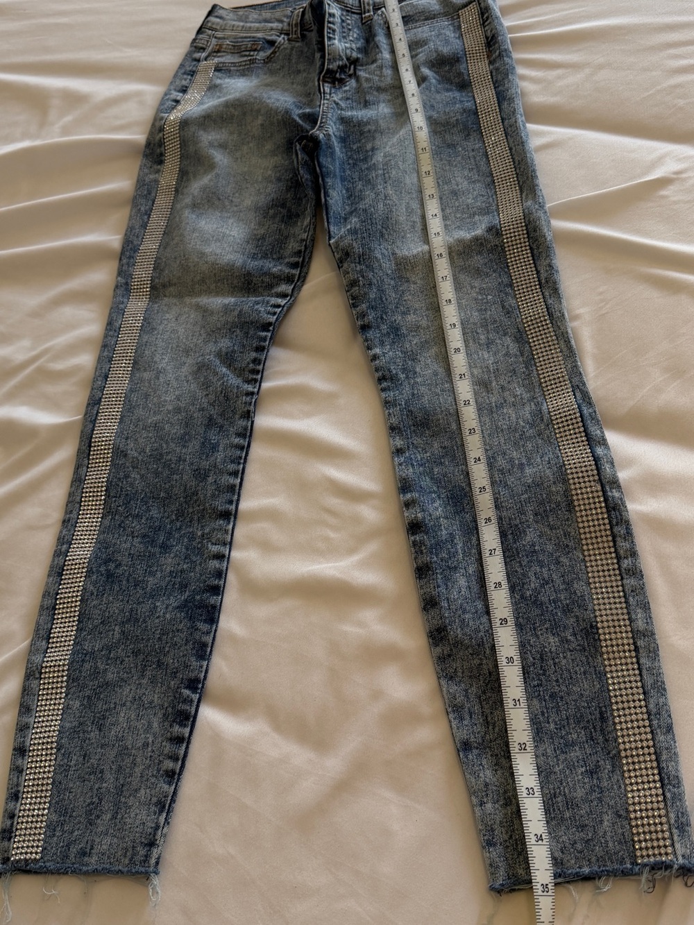 Guess Women's Blue Washed Skinny Jeans with Rhinestone Side Stripes